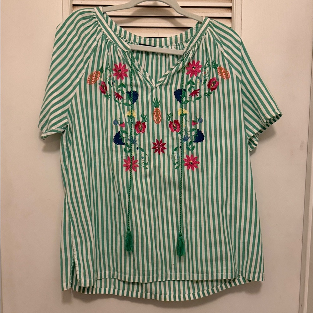 Floral Embroidered Striped Blouse